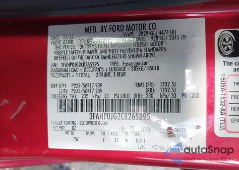 2012 Ford Fusion Sel from USA, damaged, VIN 3FAHP0JG2CR265295